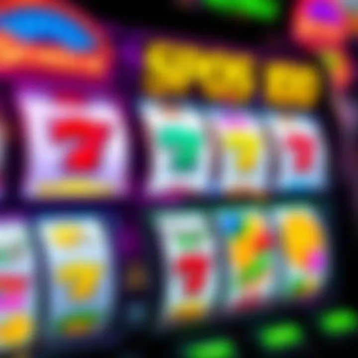 Vibrant Digital Slot Machine Reels Showcasing Popular Pokie Symbols Colorful digital slot machine reels with various symbols and bright lights