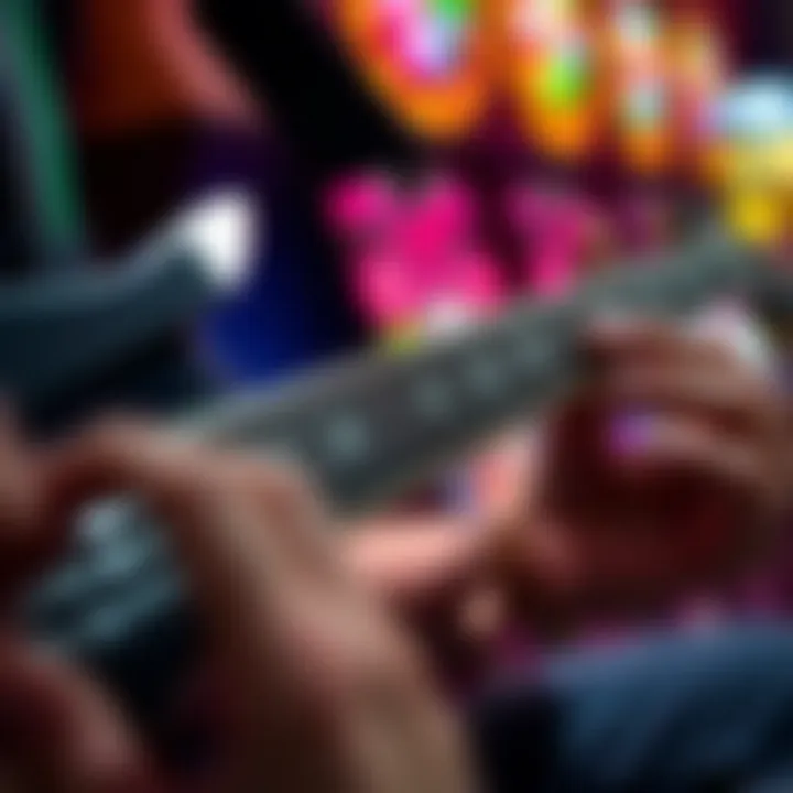 Close-up of guitar strings being strummed to play Blow Up the Pokies