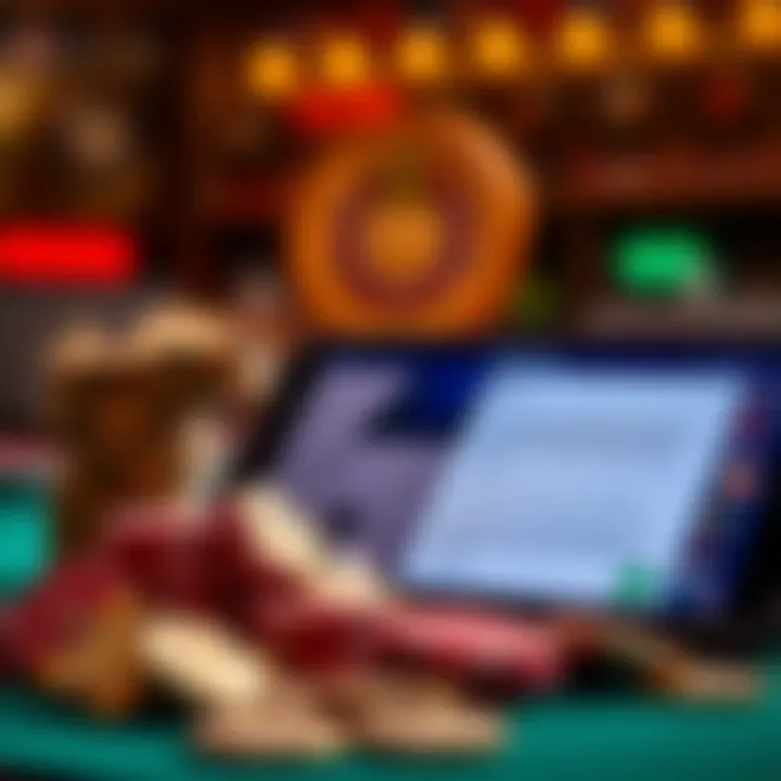 Collection of casino tokens and a mobile device displaying bonus terms and conditions