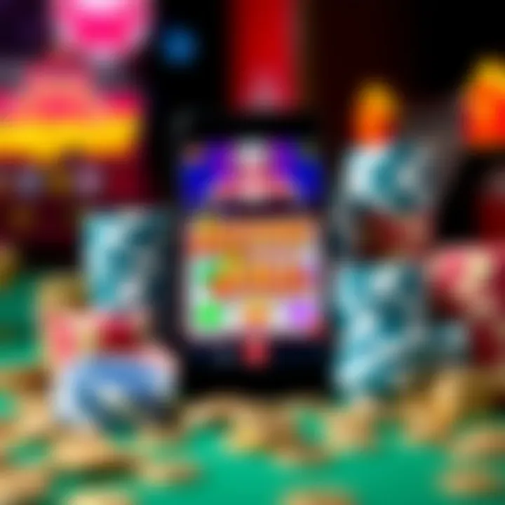 Casino chips and coins surrounding a smartphone displaying slot game