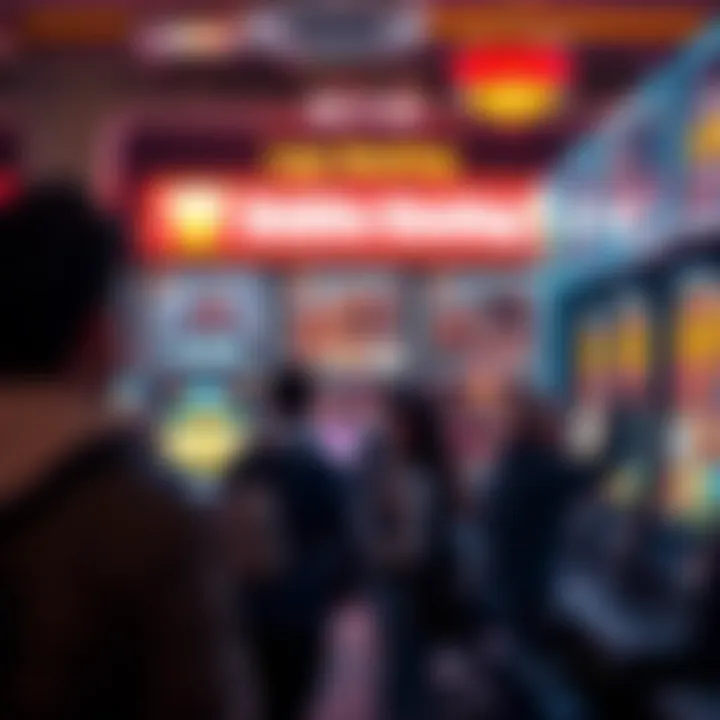 Illustration of a community setting with responsible gaming signage and players engaging moderately