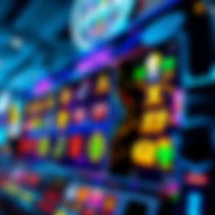 Colorful slot machine reels featuring vibrant symbols and sparkling effects in a casino setting