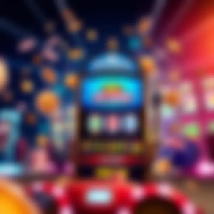 Graphic depicting a digital slot machine surrounded by promotional tags and Australian-themed icons