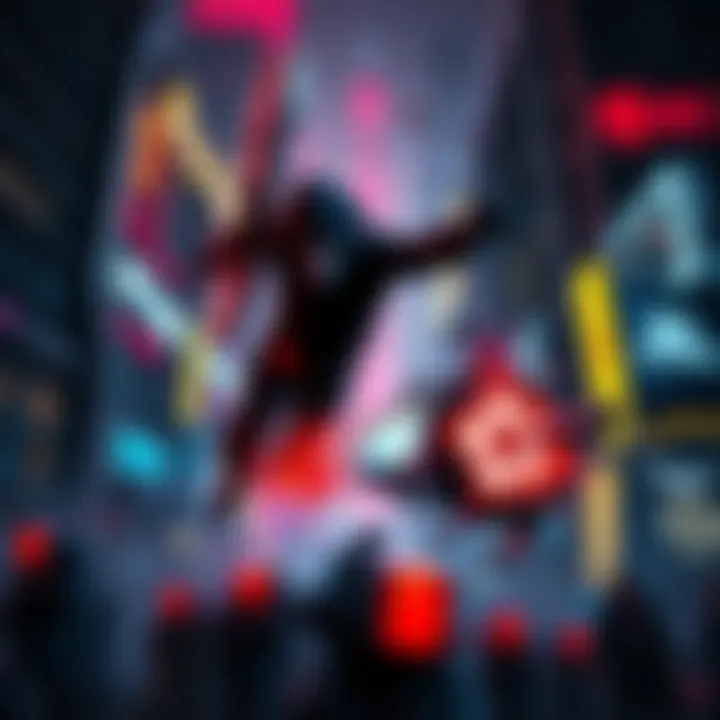 Dark futuristic cityscape with neon lights highlighting intense action gameplay