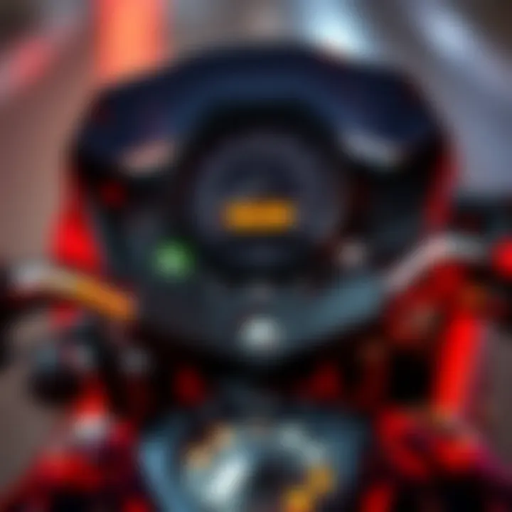 Close-up view of motorbike's dashboard and control panel highlighting technical features