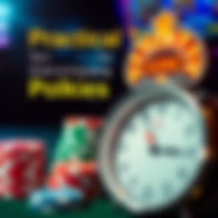 Graphic depicting responsible gaming with poker chips and a clock representing time management