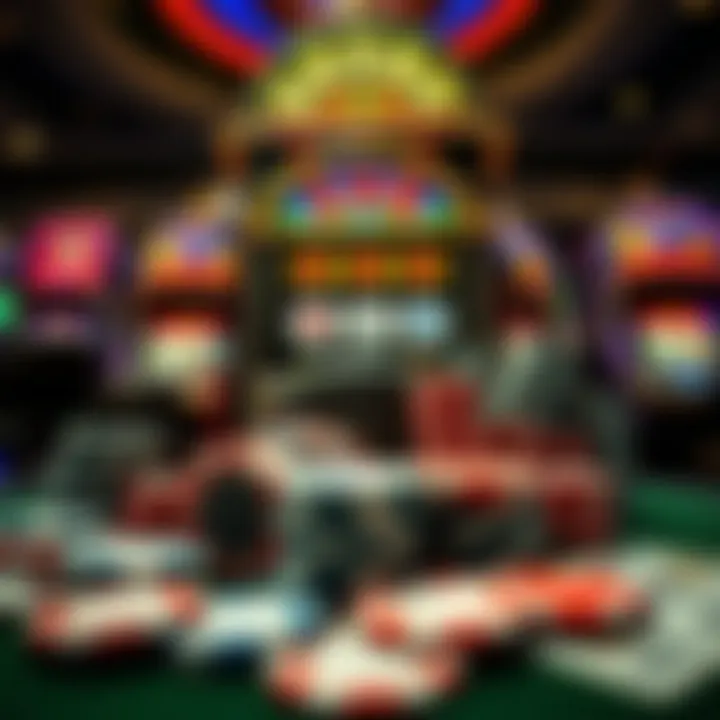 Conceptual illustration of managing gambling bankroll with poker chips and cash surrounding a gaming machine