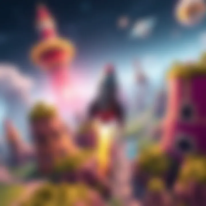 Dynamic gameplay scene featuring a rocket soaring through vibrant digital landscapes