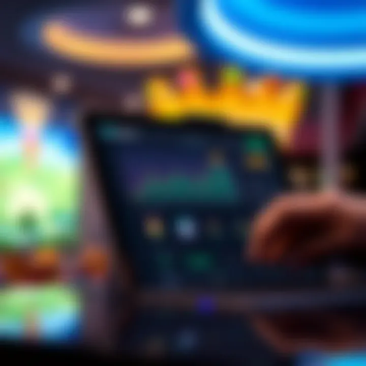 Illustration showing the Skycrown platform interface on a digital device with charts and icons