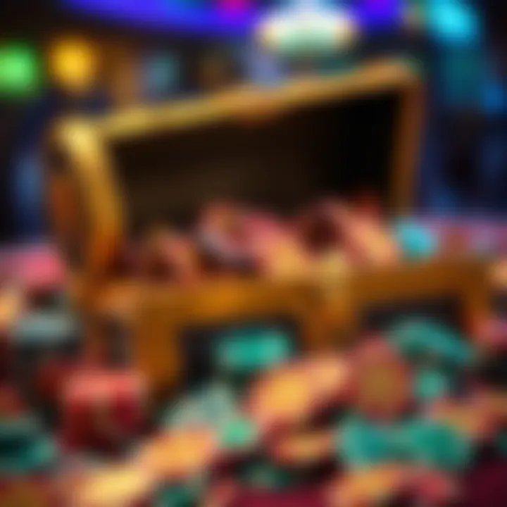 Graphic showing a treasure chest overflowing with casino chips and free spin tokens symbolizing jackpot prizes