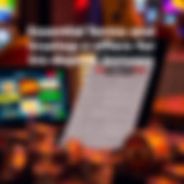 Graphic depicting a checklist with key terms and conditions highlighted beside a laptop displaying trusted pokies offers