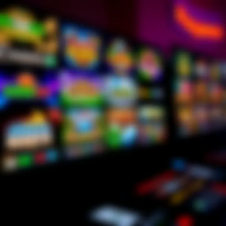 Display of various online casino games including slots and card games on a colorful digital interface