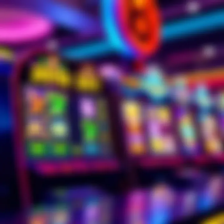 Colorful slot machine reels displaying various symbols under vibrant lights