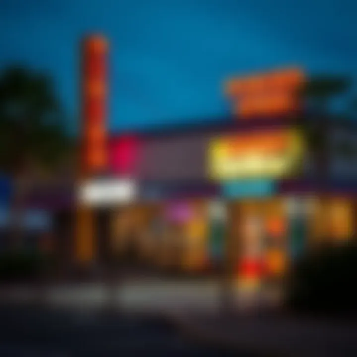 Exterior view of a brightly lit pokies venue at dusk showing open entrance and signage