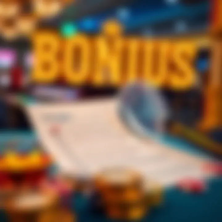 Visual representation of casino bonus terms and conditions with a checklist and magnifying glass emphasizing understanding of rules