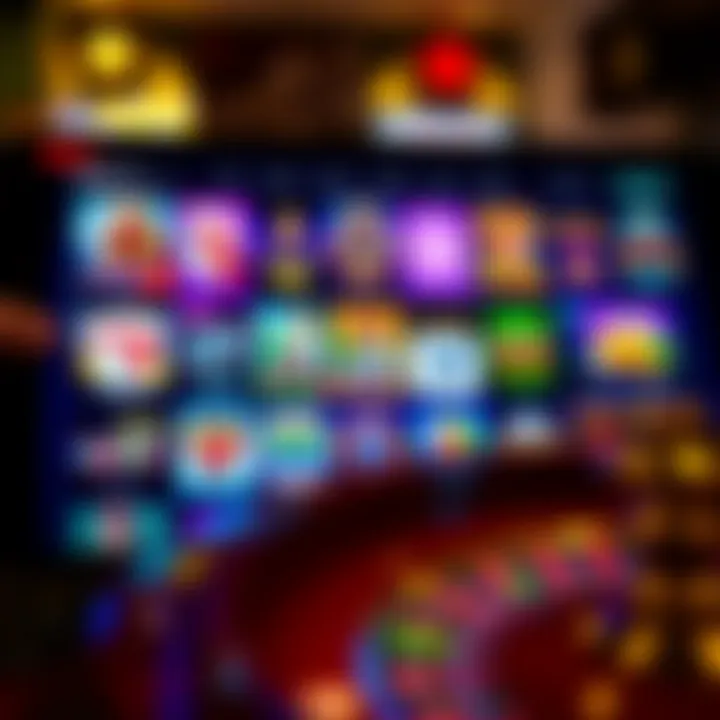 Variety of casino game icons including slots, poker, and roulette on a digital screen