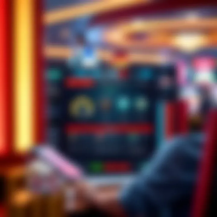 Gameplay scene displaying dynamic casino game elements and player dashboard with tips for managing risks