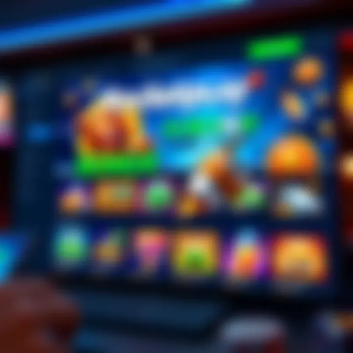 Illustration of a vibrant online casino interface with various slot games and bonus icons