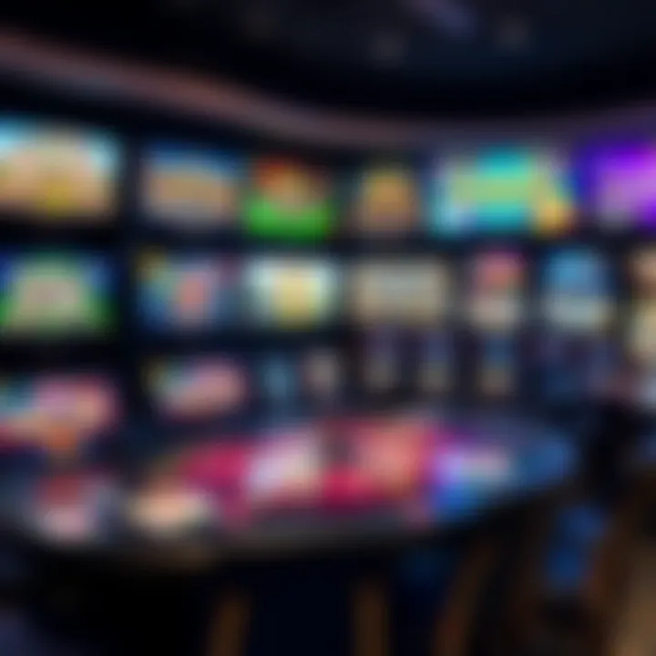 Variety of casino games displayed on digital screens including slots and table games