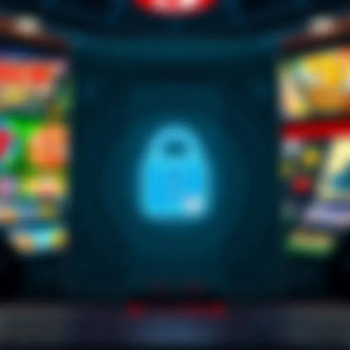 Secure online gaming environment with digital padlock and vibrant game icons surrounding it
