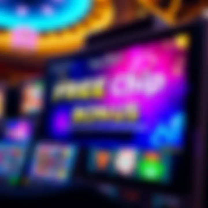 Royal Reels casino interface showcasing free chip bonus offer on a vibrant digital slot game screen