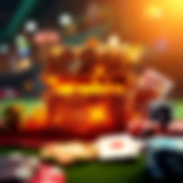 Illustration showing a glowing treasure chest with casino chips and playing cards around it representing bonus codes