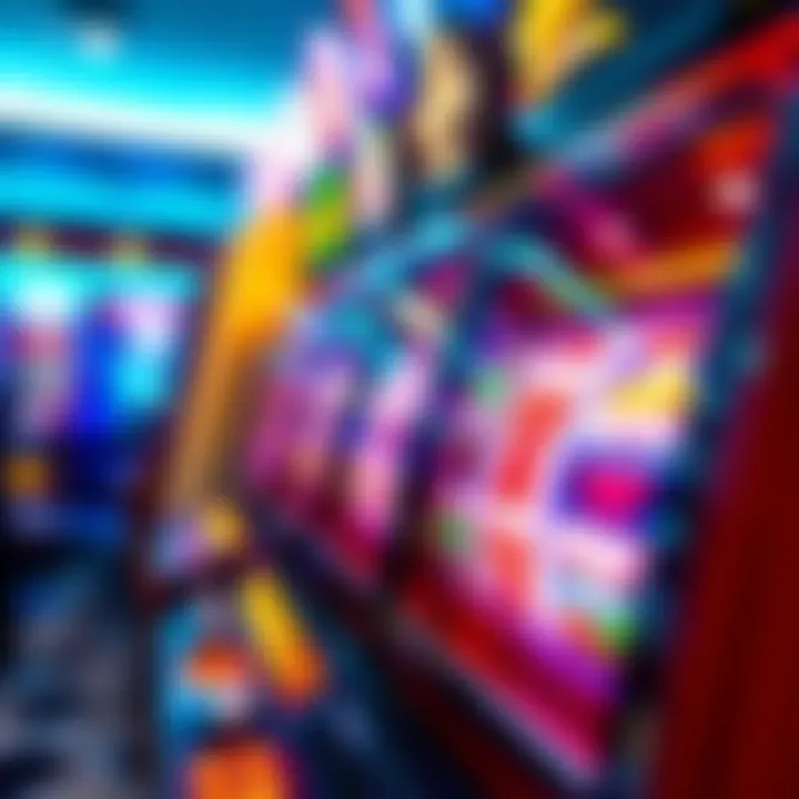 Colorful slot machine reels spinning with vibrant symbols and flashing lights