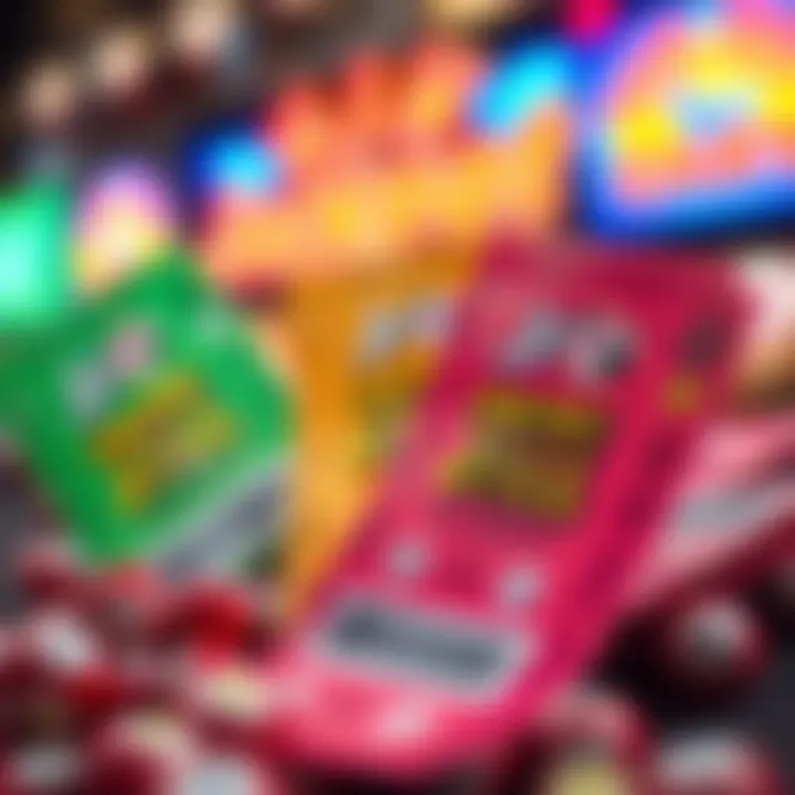 Colorful lottery tickets with cash prizes highlighting Jackpot Jill's influence