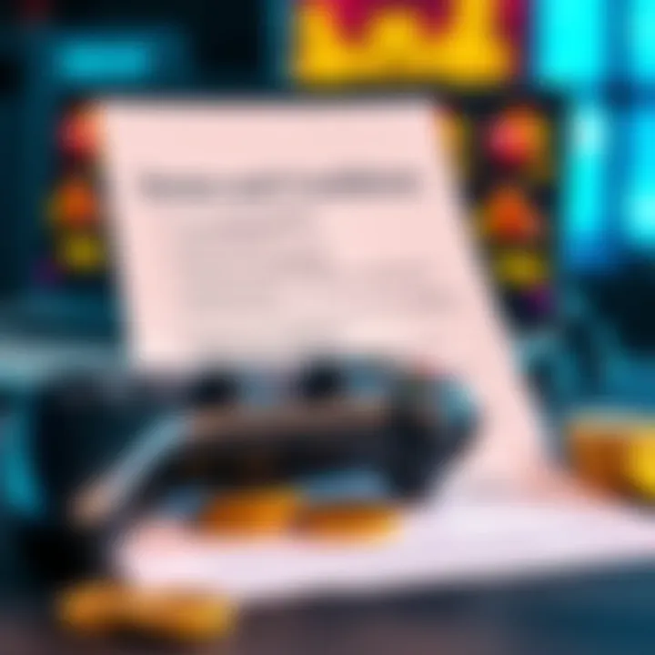 Checklist displaying terms and conditions with a gaming controller and coins