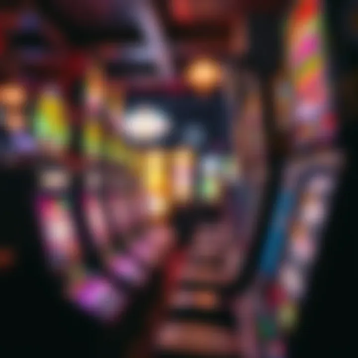 Slot machines lined up in a vibrant Australian pub with colorful lights and displays