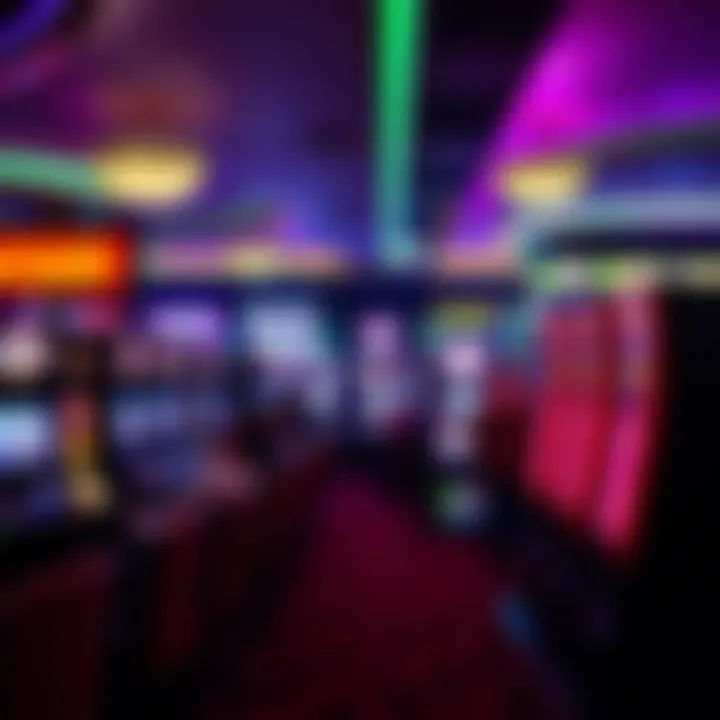 Interior of a casino featuring rows of pokies machines with bright screens and players seated