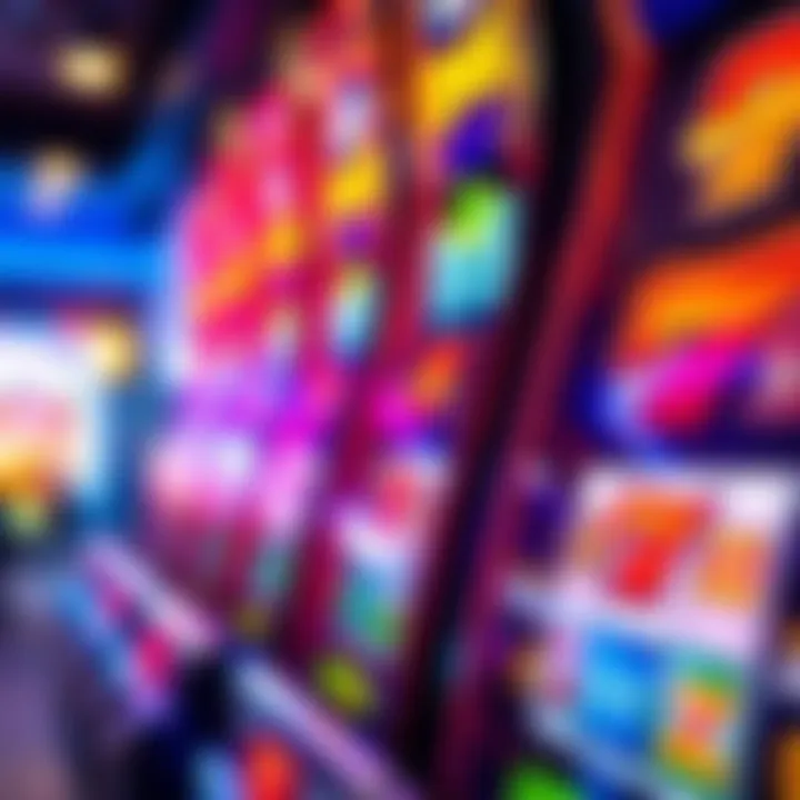 Close-up of a colorful pokies machine with spinning reels and flashing lights