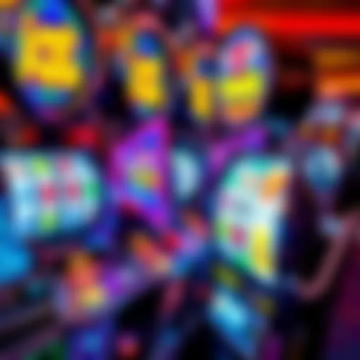 Colorful pokies machine with spinning reels showing various symbols