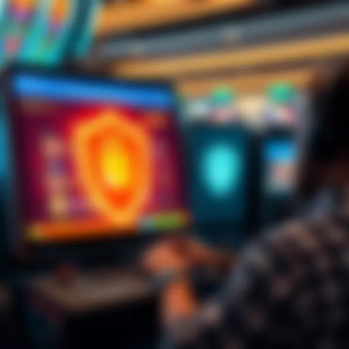 Illustration of an Australian playing online pokies on a secure website with a shield symbol representing safety and trust