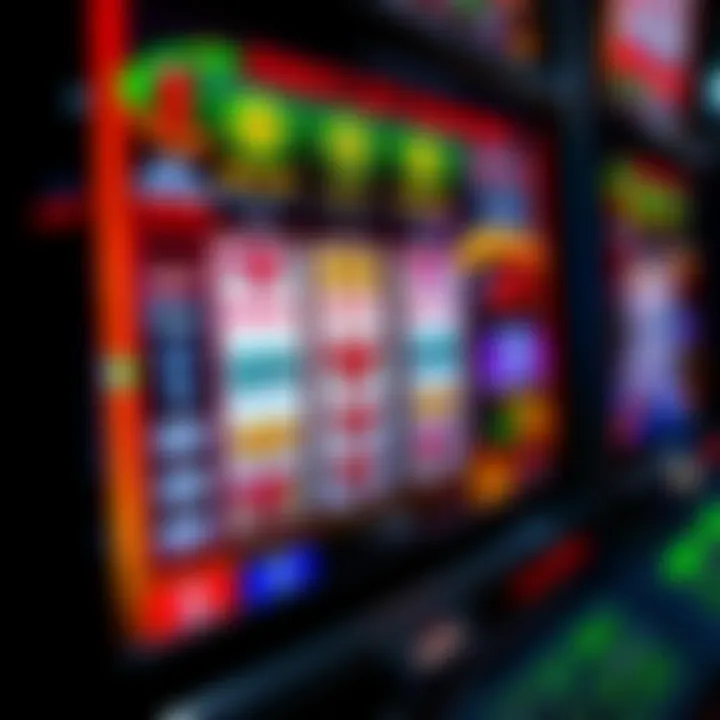 Close-up of a digital slot machine panel highlighting payout information and game features