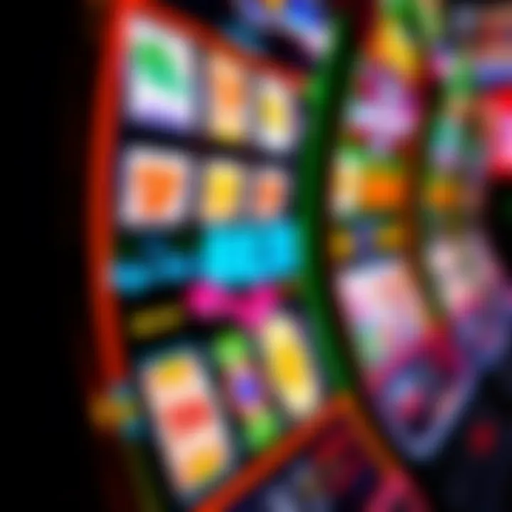 Close-up view of a colorful poker machine interface with spinning reels and vibrant symbols