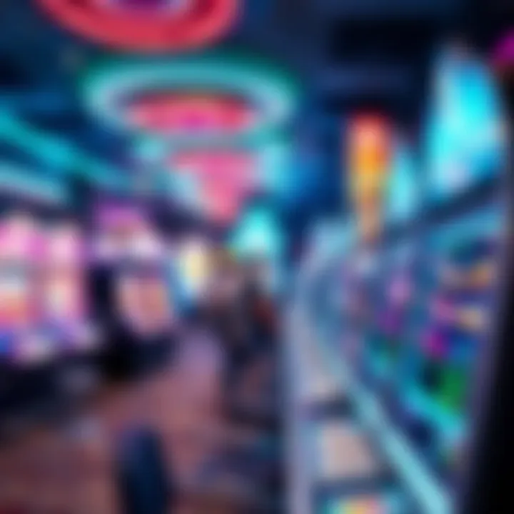 A vibrant casino floor featuring slot machines with colorful lights and digital displays