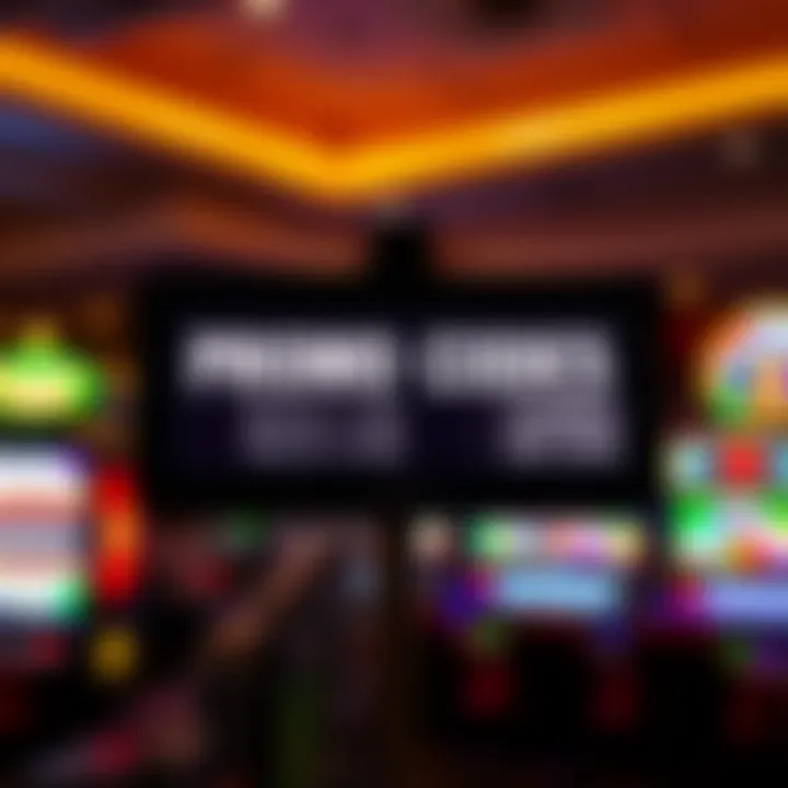 Promotional codes displayed on a digital screen with casino-themed background featuring slot machine icons